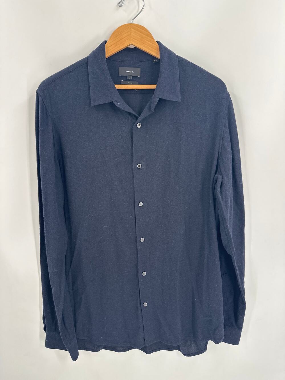 Vince Navy Blue Wool Blend Button Front Dress Shirt Size Large